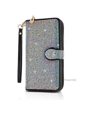Faux Leather Rhinestone Wristlet Clutch Wallet with Card Slots